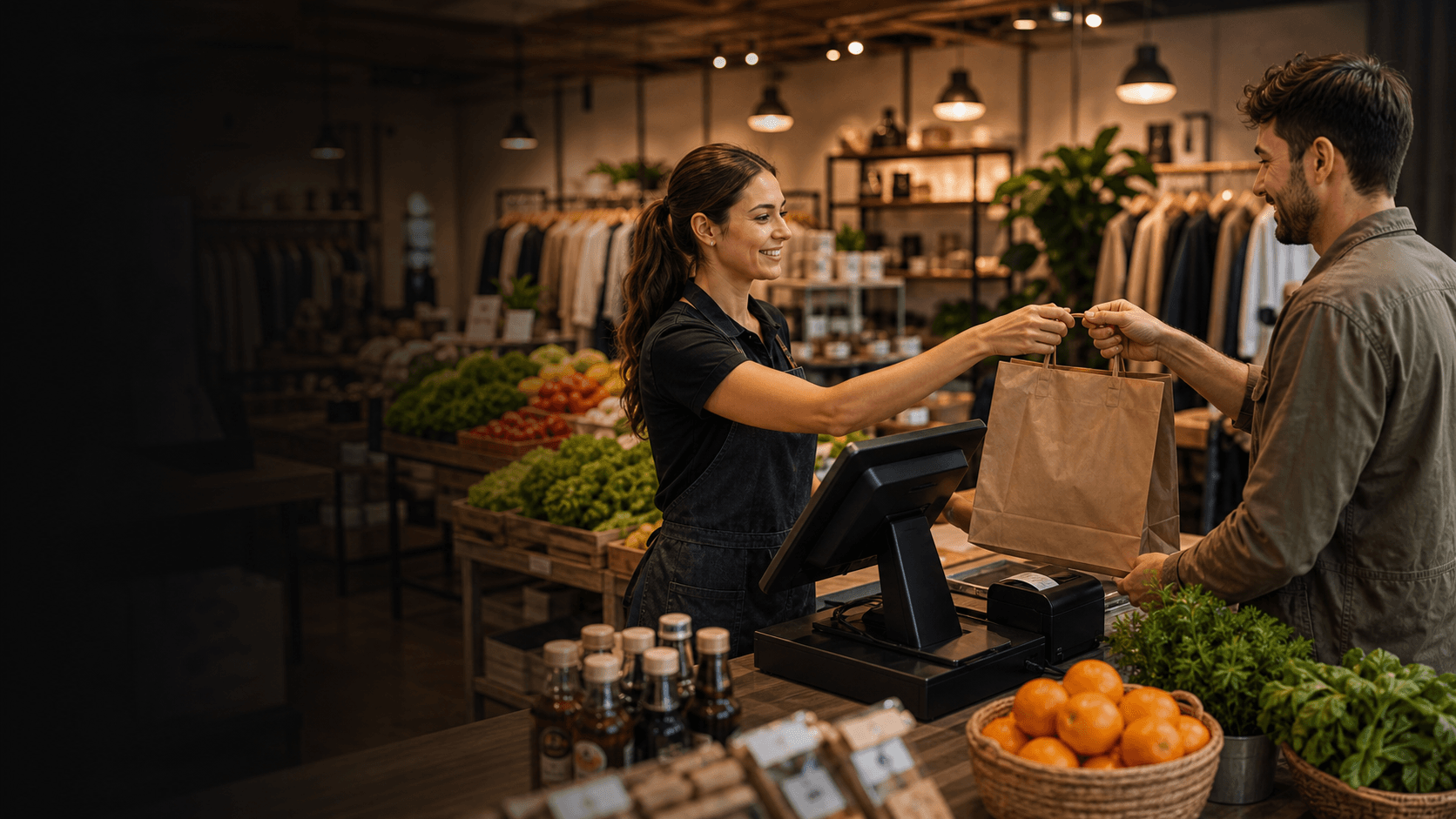 Comerciante usando POS Moyan en el punto de venta