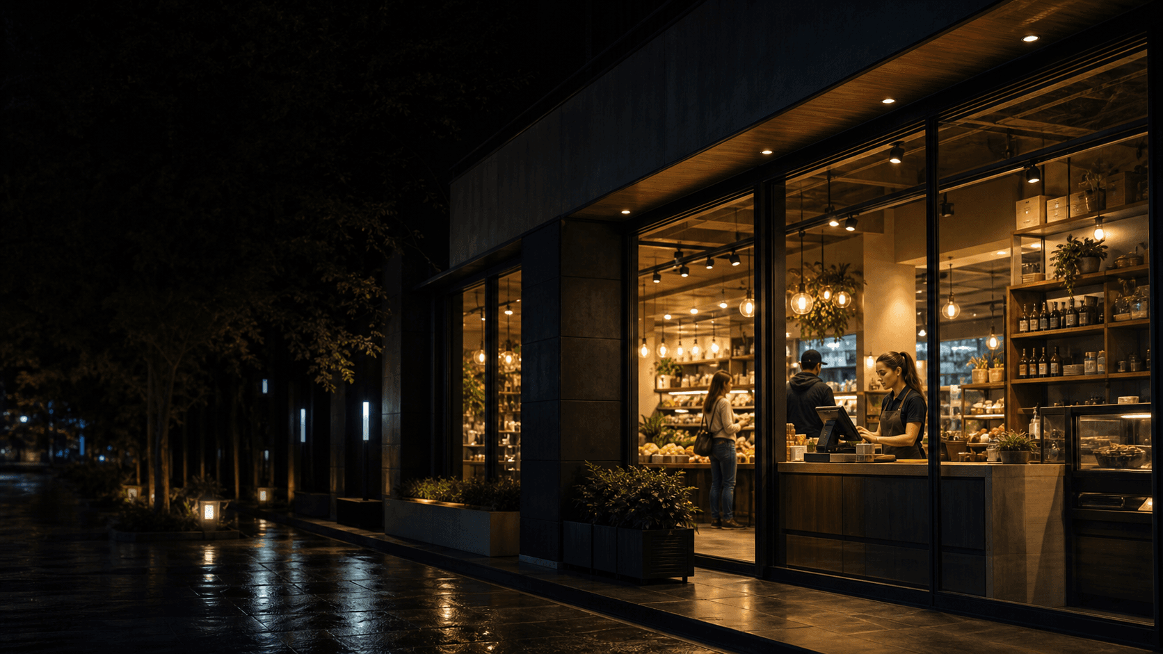 Local comercial iluminado de noche